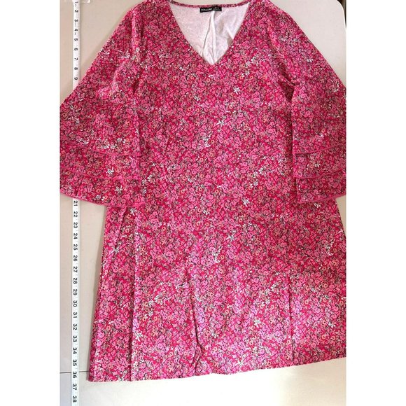 NoraCora Women's Pink Floral V-Neck Shirt Dress Size Small Trumpet Sleeve - Picture 7 of 11